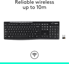 Load image into Gallery viewer, Logitech K270 Wireless Keyboard for Windows, 2.4 GHz Wireless, Full-Size, Number Pad, 8 Multimedia Keys, 2-Year Battery Life, Compatible with PC, Laptop, Black
