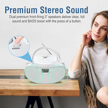 Load image into Gallery viewer, Portable Stereo CD Player Boombox with AM/FM Radio, Bluetooth, USB, AUX-in, Headphone Jack, CD-R/RW and MP3 CDs Compatible, Clear and Full Sound with Bass Boost, AC/Battery Operated – White
