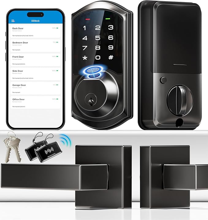 Veise Fingerprint Smart Locks for Front Door with 2 Lever Handle Set, App Control, Keyless Entry, Electronic Digital Keypad Deadbolt, Auto Lock, Waterproof, Easy to Install, Matte Black