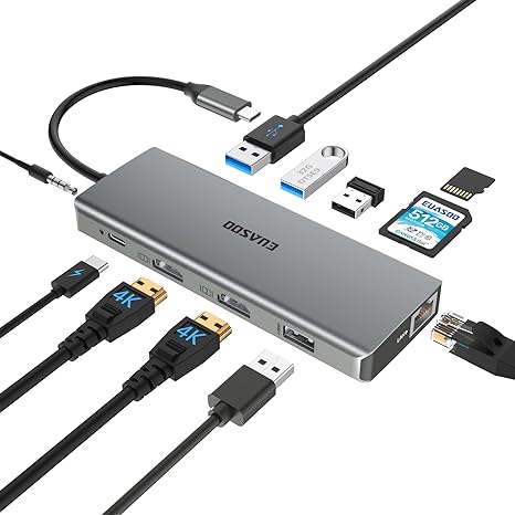 USB C Hub, Docking Station, EUASOO 11 in 1 Triple Display USB C Docking Station with Dual 4K HDMI/1000Mbps Gigabit Ethernet/PD 3.0/4 USB Ports for MacBook/USB C Laptops, MacOS Only Support Mirror Mode