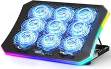 Load image into Gallery viewer, KeiBn Upgraded Gaming Laptop Cooler Pad with 9 Quiet RGB Fans, Cooling Pad for 15.6-17.3 Inch Laptops with 7 Height Stands, 2 USB Ports, Phone Stand-Blue
