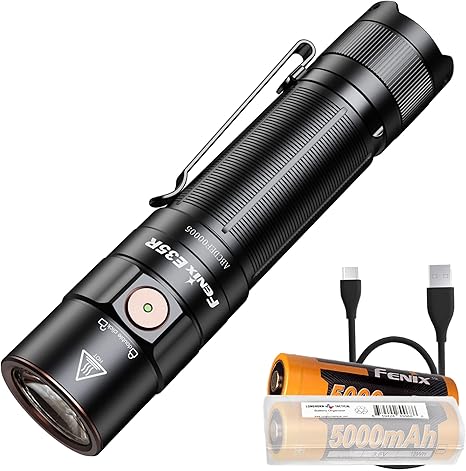 Fenix Dual Battery Bundle E35R EDC Flashlight, 3100 Lumens USB-C Rechargeable High Lumen Performance Flashlight with Extra ARB-L21-5000 and LumenTac Battery Case