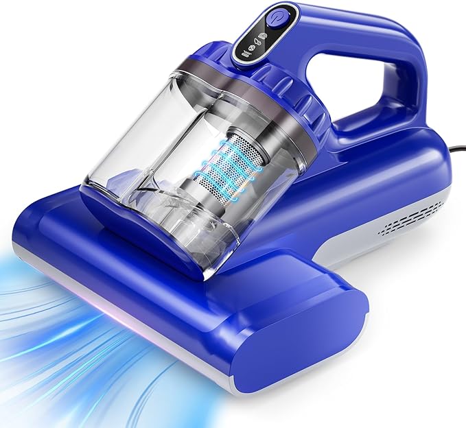 Mattress Vacuum Cleaner 15Kpa Bed Vacuum Cleaner 273nm UV-C Light & Ultrasonic Heating Tech 400W Handheld Vacuum Wide Suction Port 0.6L Capacity Double Cup for Pillows Cribs Sofa Blue Corded