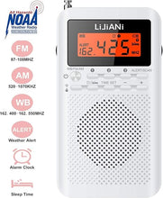 Load image into Gallery viewer, Pocket Weather Radio NOAA/AM/FM Powered by 2 AA Emergency Portable Transistor with LCD Display Digital Alarm Clock Sleep Timer, Best Reception Longest Lasting,Built in Speaker,Battery Operated
