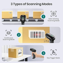 Load image into Gallery viewer, Barcode Scanner with Stand, Bluetooth and Wireless Barcode Scanner, Inventory 2D 1D QR Code Scanners for Computer POS, Handheld CMOS Image Bar Code Reader for Warehouse Library Supermarket
