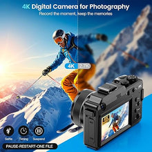 Load image into Gallery viewer, 4K Digital Camera for Photography and Video, 64MP Auto-Focus Anti-Shake Vlogging Camera with 20X Digital Zoom, Flash, Compact Travel Camera with 64GB TF Card, 2 Batteries and Battery Charger (Silver)
