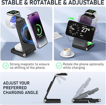 Load image into Gallery viewer, Magnetic Wireless Charger Stand, 3 in 1 Foldable Wireless Charging Station, Travel Charger for Multiple Devices for iPhone 16 15 14 13 12 Series, Apple Watch Ultra/9/8/7/6/5/4/3/2, AirPods
