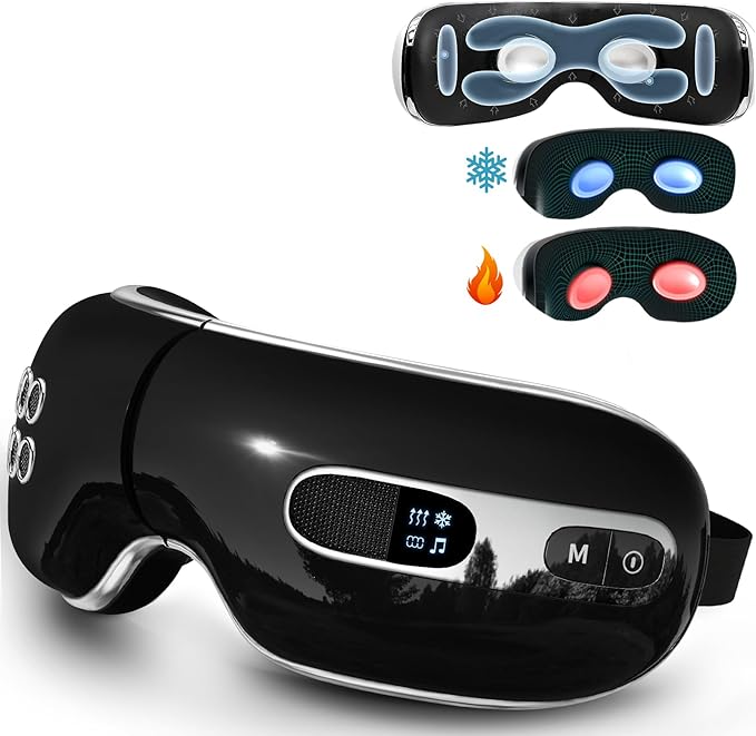 Fmalve Eye Massager with Heat and Cooling for Migraines, Dry Eyes, Heated Eye Mask Massager Improve Sleeping - Great Gifts for Fathers (Black)