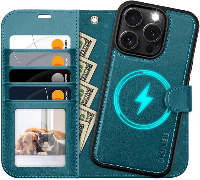 OCASE for iPhone 16 Pro Max Case Detachable Wallet Case with Card Holder, 2 in 1 Pu Leather Flip Folio with RFID Blocking Stand Wrist Strap Shockproof Phone Cover 6.9 Inch 2024, Peacock Blue