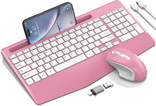 Load image into Gallery viewer, Wireless Keyboard and Mouse Combo, Ergonomic Keyboard with Wrist Rest, Phone Holder, Sleep Mode, 2.4G Lag-Free Rechargeable Compact Silent Cordless Keyboard Mouse for Windows, Mac, Laptop, PC (Pink)
