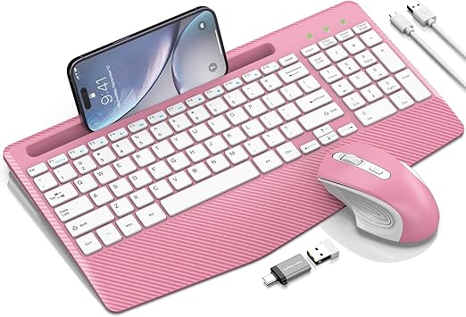 Wireless Keyboard and Mouse Combo, Ergonomic Keyboard with Wrist Rest, Phone Holder, Sleep Mode, 2.4G Lag-Free Rechargeable Compact Silent Cordless Keyboard Mouse for Windows, Mac, Laptop, PC (Pink)