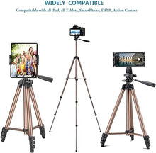 Load image into Gallery viewer, IPad Tripod Stand Universal Tablet Phone Mount Holder 51in Lightweight with Bluetooth Remote for iPad Pro 12.9 11 10.5,iPad Air Mini,Surface Tab,Galaxy Tab and 3.5 to 13.5in iPhone Tablet - Champagne
