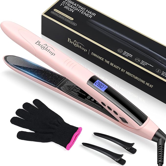 Brightup Hair Straightener Ceramic Flat Iron, Rapid 20S Heat Up, Vibrating Hair Straightener and Curler 2 in 1 with 10 Temperature Control and Auto Shut Off for Super Smooth Finish, 1