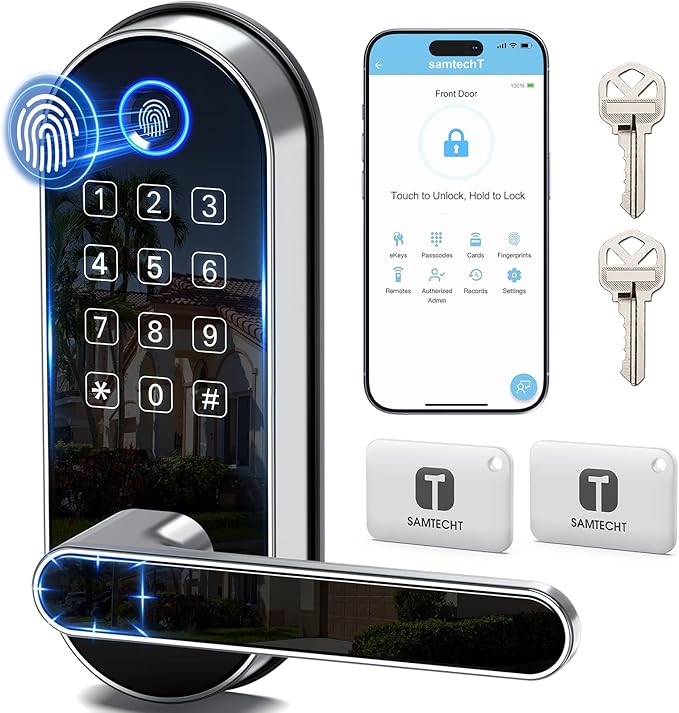 Keyless-Entry Keypad Fingerprint Smart Lock: Digital Door Lock with Code Passcode, Electronic Door Handle, Biometric Door Knob for Entry Door, Bedroom Door (Silver)