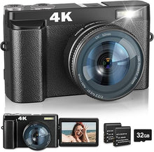 Load image into Gallery viewer, 4K Digital Camera with Flash &amp; Selfie, 48MP Camera for Photography with Autofocus 16X Zoom, Anti-Shake Vlogging Camera Compact Travel Digital Cameras with Flip Screen, 32GB Memory Card, Two Batteries
