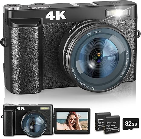 4K Digital Camera with Flash & Selfie, 48MP Camera for Photography with Autofocus 16X Zoom, Anti-Shake Vlogging Camera Compact Travel Digital Cameras with Flip Screen, 32GB Memory Card, Two Batteries