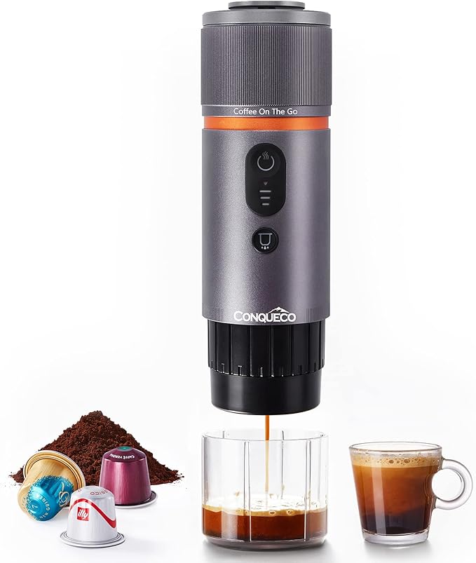 CONQUECO Portable Espresso Machine Travel: 12v Car Coffee Maker for Camping - Small Electric - 2.5 Mins Heating - 8 Cups Espresso for One Charge