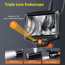 Load image into Gallery viewer, Triple Lens Endoscope Camera with Light, 5&quot; IPS Screen Borescope, 2MP Inspection Camera with 8 Adjustable Led, 1080P HD Waterproof Industrial Snake Camera with 16.5FT Semi-Rigid Cable
