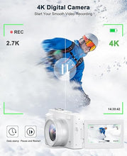 Load image into Gallery viewer, 4K Digital Camera for Photography and Video, Autofocus Anti-Shake 48MP Vlogging Camera for YouTube, 3&#39;&#39; 180°Flip Screen Camera with Flash 16X Zoom, Digital Camera with 32GB Card Battery Charger White
