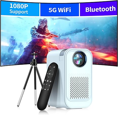 Mini Projector with 5G WiFi and Bluetooth,1080P Supported Projector with Projector Stand,Movie Projector Compatible with iOS/Android Phone/Tablet/Laptop/PC/TV Stick, Game, USB?Without battery?? (Blue)