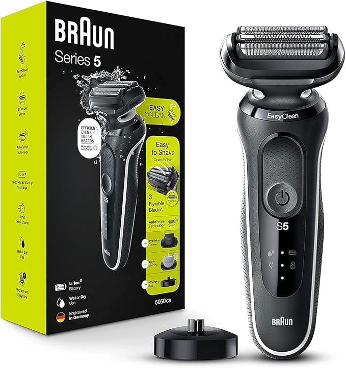 Braun Electric Razor for Men, Waterproof Foil Shaver, Series 5 5050cs, Wet & Dry Shave, with Beard Trimmer and Body Groomer, Rechargeable, Charging Stand Included, Blue