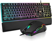 Load image into Gallery viewer, RedThunder K10 Wired Gaming Keyboard and Mouse and Wrist Rest Combo, RGB Backlit, Mechanical Feel Anti-ghosting Keyboard + 7D 7200 DPI Mice+Soft Leather Wrist Rest 3 in 1 PC Gamer Accessories(Black)
