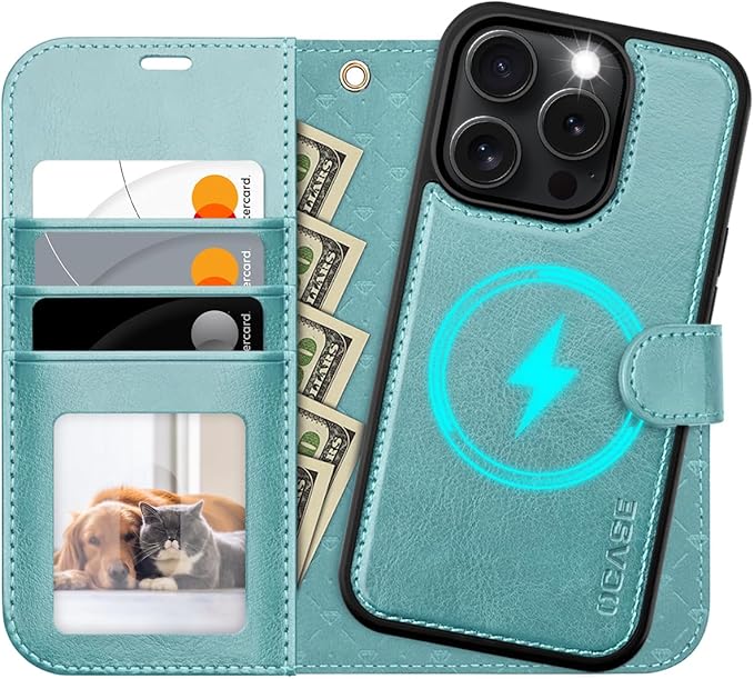 OCASE for iPhone 16 Pro Case Detachable Wallet Case with Card Holder, 2 in 1 Pu Leather Flip Folio with RFID Blocking Stand Wrist Strap Shockproof Phone Cover 6.3 Inch 2024, Ice Blue