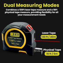 Load image into Gallery viewer, JNB Pro 2 in 1 Digital Tape Measure with Laser, 130ft/40m Laser Distance Meter Display on Backlit LCD + 16ft/5m Autolock Retractable Measuring Tape, Heavy Duty Laser Tape Measure - m,ft, in
