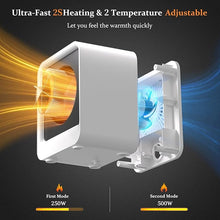 Load image into Gallery viewer, Electric Space Heater, Small Portable Heater for Indoor Use, 500 Watts High Output &amp; 2 Speeds, Mini Personal Heater for Office Desk Camping (White)
