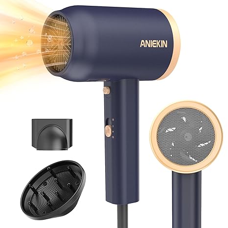 ANIEKIN Hair Dryer, 1875W Ionic Blow Dryer with Diffuser and Concentrator for Women Curly Hair Fast Drying as Constant Temperature, Portable Hair Dryer for Travel, Blue