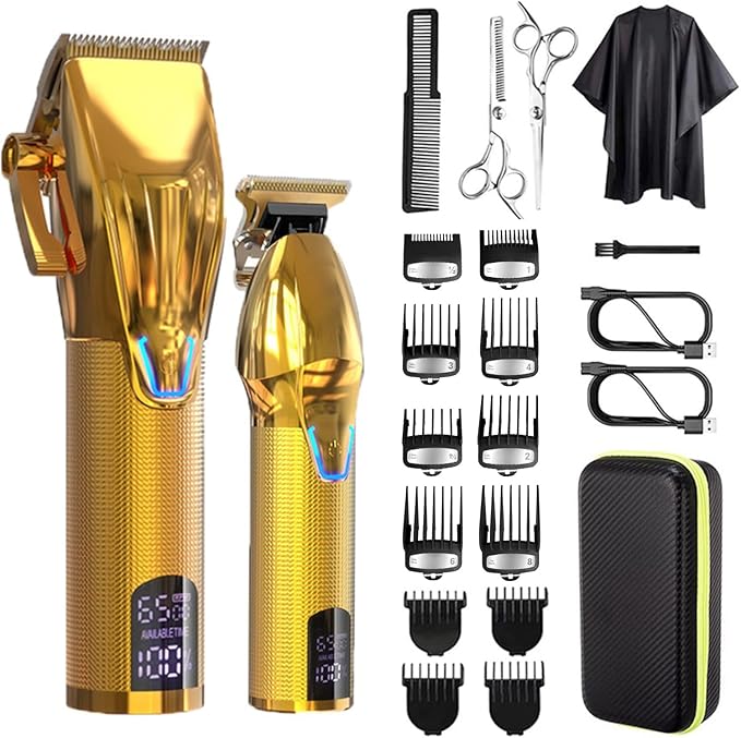 Professional Hair Clippers for Men Electric Beard Trimmer Cordless Barber Clippers for Hair Cutting with T-Blade Edgers Rechargeable Hair Clipper and Trimmer Kit with LED Mens Christmas Gifts (Gold)