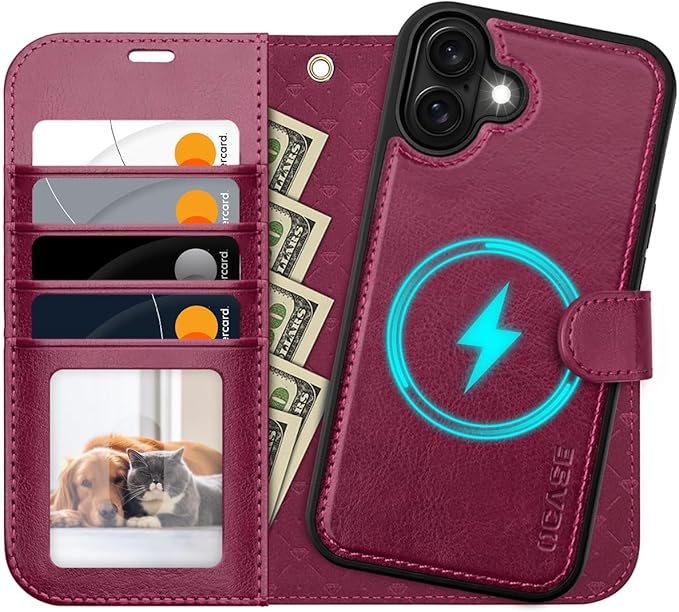 OCASE for iPhone 16 Plus Case Detachable Wallet Case with Card Holder, 2 in 1 Pu Leather Flip Folio with RFID Blocking Stand Wrist Strap Shockproof Phone Cover 6.7 Inch 2024, Burgundy