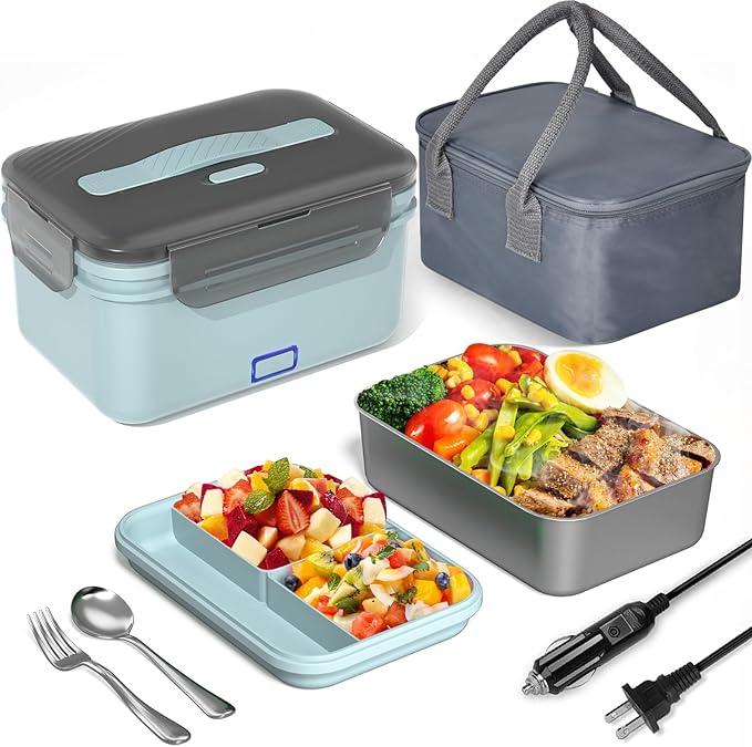 Monteka Electric Lunch Box Food Heater, New 100W High Power Portable Food Warmer, Heated Lunch Box for Adults Car/Home with 1.8L Removable Stainless Steel Container, 12V/24V/110V/220V