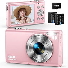 Load image into Gallery viewer, Digital Camera, Autofocus 48MP UHD 4K Vlogging Camera 16X Digital Zoom, Portable Compact Point and Shoot Digital Camera for Teens Adult Beginner with 32GB Card, 2 Batteries, Lanyard(Pink)
