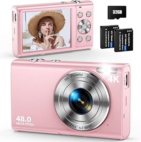 Digital Camera, Autofocus 48MP UHD 4K Vlogging Camera 16X Digital Zoom, Portable Compact Point and Shoot Digital Camera for Teens Adult Beginner with 32GB Card, 2 Batteries, Lanyard(Pink)