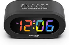 Load image into Gallery viewer, REACHER Small Digital Rainbow LED Alarm Clock with Snooze, Easy to Use, Full Range Brightness Dimmer, Adjustable Alarm Volume, Outlet Powered, Compact Clock for Bedroom, Bedside, Desk, Shelf…
