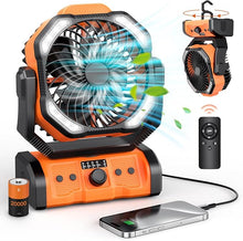 Load image into Gallery viewer, Portable Rechargeable Camping Fan - 20000mAh Cordless Battery Powered Fan with LED Lantern, Remote Auto Oscillating USB C Table Battery Operated Tent Fan for Travel Outdoor Beach
