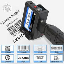 Load image into Gallery viewer, Handheld Inkjet Printer with 42ml Black Quick-Drying Ink Cartridge, Portable Handheld Printer Gun Printing Height 0.08-0.5 Inch for Text QRCode Barcode Batch Number Label Logo Image for Any Surface
