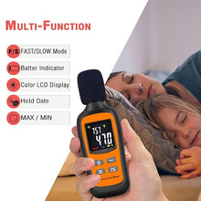 Load image into Gallery viewer, Decibel Meter,Digital Sound Level Meter Portable SPL Meter,35dB to 135dB Temperature Function,Noise Meter with A-Weighted [MAX/MIN Fast/Slow Data Hold], Use for Home, Noisy Neighbor, Factory
