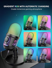 Load image into Gallery viewer, USB Microphone, RGB Condenser Computer Podcast Mic for PS4/5, PC Gamer, Mac, Streaming, Recording, Gaming, Plug &amp; Play, Mute Button, Volume Gain, Monitor, Noise Reduction, Online Chat
