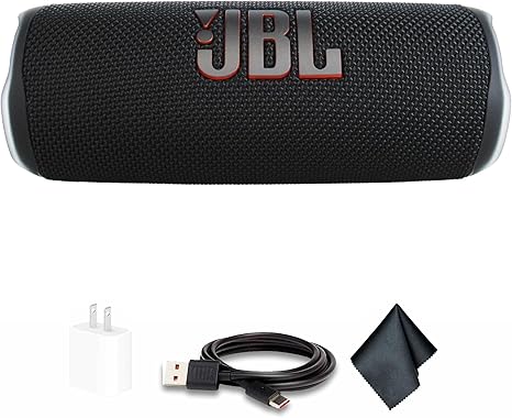 JBL Flip 6 Portable Bluetooth Speaker, deep bass, IPX7 Waterproof, for Home, Outdoor and Travel (Black) (JBLFLIP6BLKAM) + USB Adapter + Microfiber Cloth