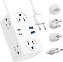 Load image into Gallery viewer, European Travel Plug Adapter, EU/UK/US Travel Plug Adapter Power Strip, 6 AC Outlets, 4 USB Ports (2 USB C), 3ft Wrapped Around Extension Cord, Compact for Travel
