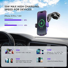 Load image into Gallery viewer, Wireless Car Charger,?7 Colored RGB Backlit?15W Auto Clamping Car Charger Phone Mount Holder for iPhone 16 15 14 13 12 Mini Pro Max 11, Samsung Galaxy S24 Ultra S23 S22 S21+ S10+ Note 20, etc - Purple
