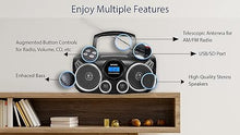 Load image into Gallery viewer, RIPTUNES Portable CD Player Bluetooth Stereo Sound System Digital AM FM Radio, MP3 CD Boombox USB SD PALYBACK with Enhanced Bass, Aux in, Headphone Jack, CD-R/CD-RW Compatible LCD CLOCK Display, Black
