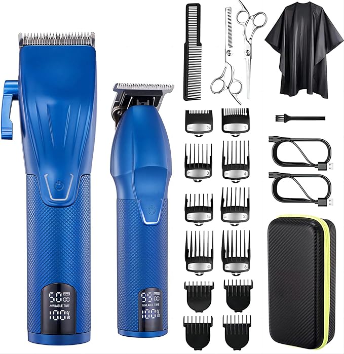 Professional Hair Clippers for Men Electric Beard Trimmer Cordless Barber Clippers for Hair Cutting with T-Blade Edgers Rechargeable Hair Clipper and Trimmer Kit with LED Mens Christmas Gifts (Blue)