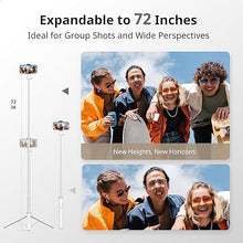 Load image into Gallery viewer, Sensyne 72" Phone Tripod, Extendable Tripod for iPhone &amp; Selfie Stick with Detachable Phone Holder &amp; Wireless Remote, iPhone Tripod Compatible with All Cell Phones, Camera(White)
