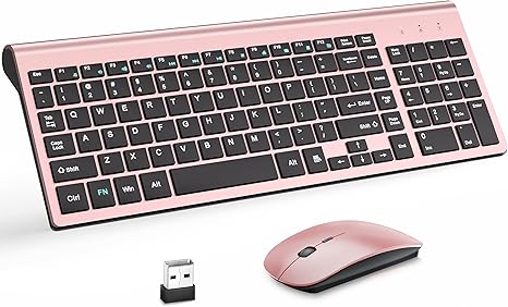 Wireless Keyboard and Mouse with Mouse Pad Ultra Slim Combo, MOOJAY 2.4G USB Quiet Compact Scissor Switch Keyboard Mice Set with Cover, 2 AA and 2 AAA Batteries, for Laptop/PC/Windows-Rose Gold Black