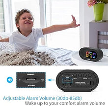 Load image into Gallery viewer, REACHER Small Digital Rainbow LED Alarm Clock with Snooze, Easy to Use, Full Range Brightness Dimmer, Adjustable Alarm Volume, Outlet Powered, Compact Clock for Bedroom, Bedside, Desk, Shelf…
