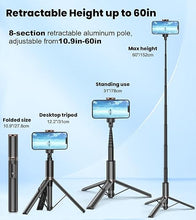 Load image into Gallery viewer, TONEOF 60&quot; Selfie Stick Tripod for Video,All-in-1 Extendable Cell Phone Tripod Stand with Integrated Remote,360° Rotate Lightweight &amp; Portable Tripod for 4-7” iPhone/Android/Photo &amp; Video Kits/Travel
