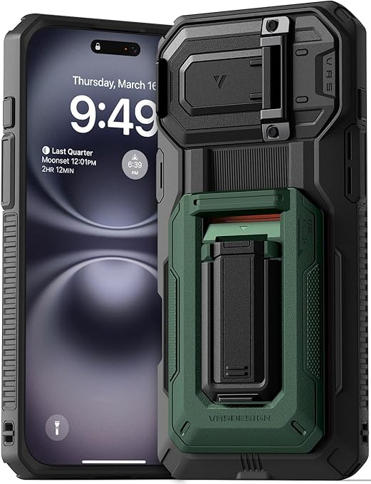 VRS DESIGN Origin Wallet Card Holder Case [3 Cards] for iPhone 16 Plus (2024), Rugged Semi-Automatic 3-Card Slot & Kickstand Case (Metallic Green)